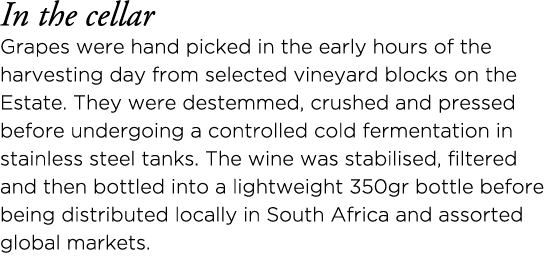 In the cellar Grapes were hand picked in the early hours of the harvesting day from selected vineyard blocks on the E   
